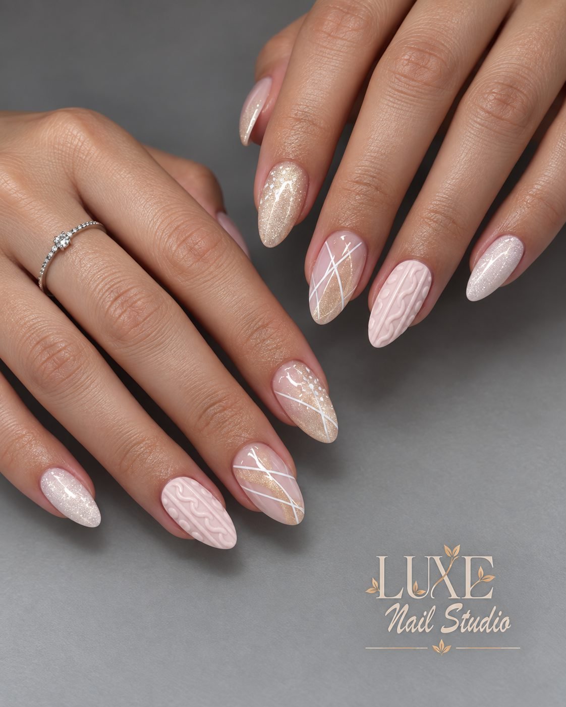 Blush almond nails with cable knit texture, gold glitter, and white lines by Luxe Nail Studio