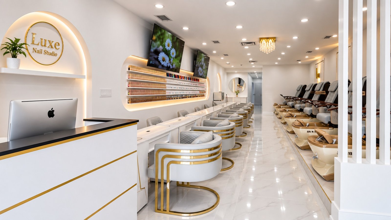 Main floor at Luxe Nail Studio, from the polish wall to the pedicure chairs