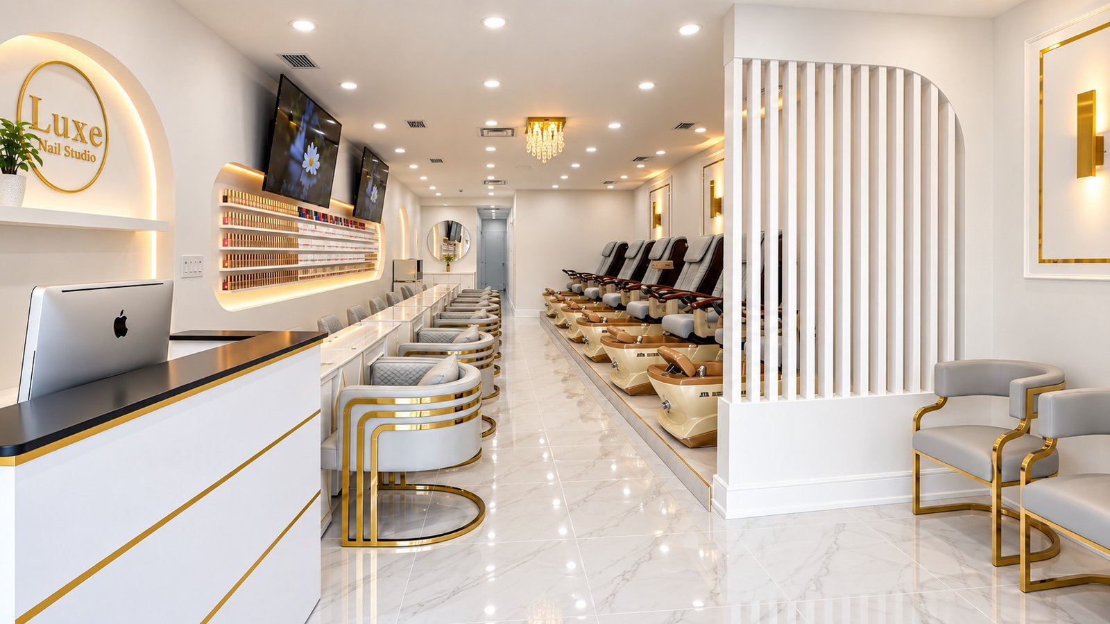 Reception desk with the Luxe Nail Studio sign, manicure chairs, and pedicure row