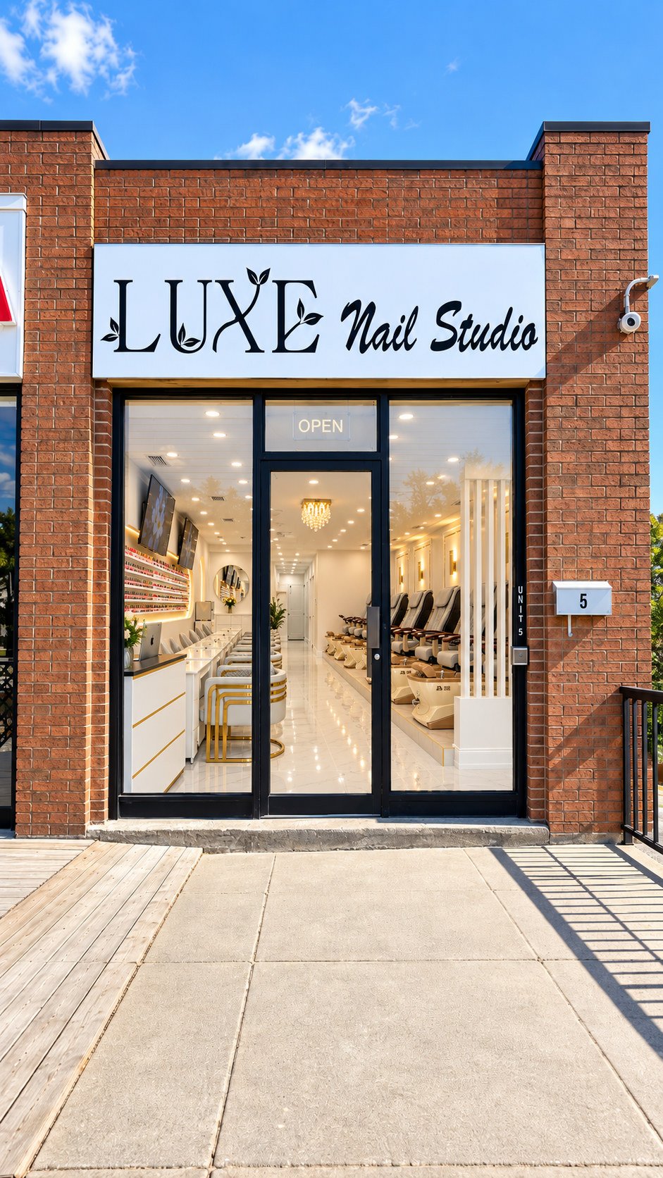 Brick storefront of Luxe Nail Studio at Unit 5, with the salon sign above the glass entrance